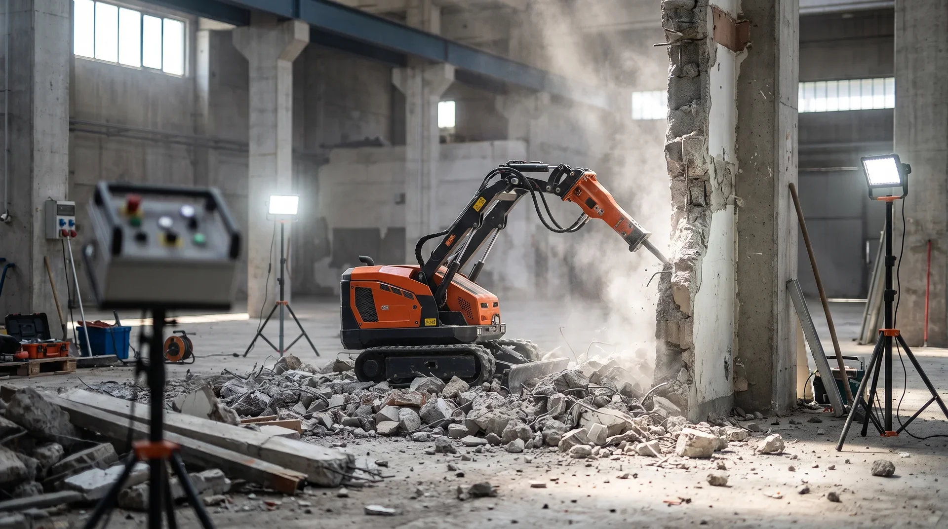 En orange demoleringsrobot krossar en betongvägg inomhus med damm.