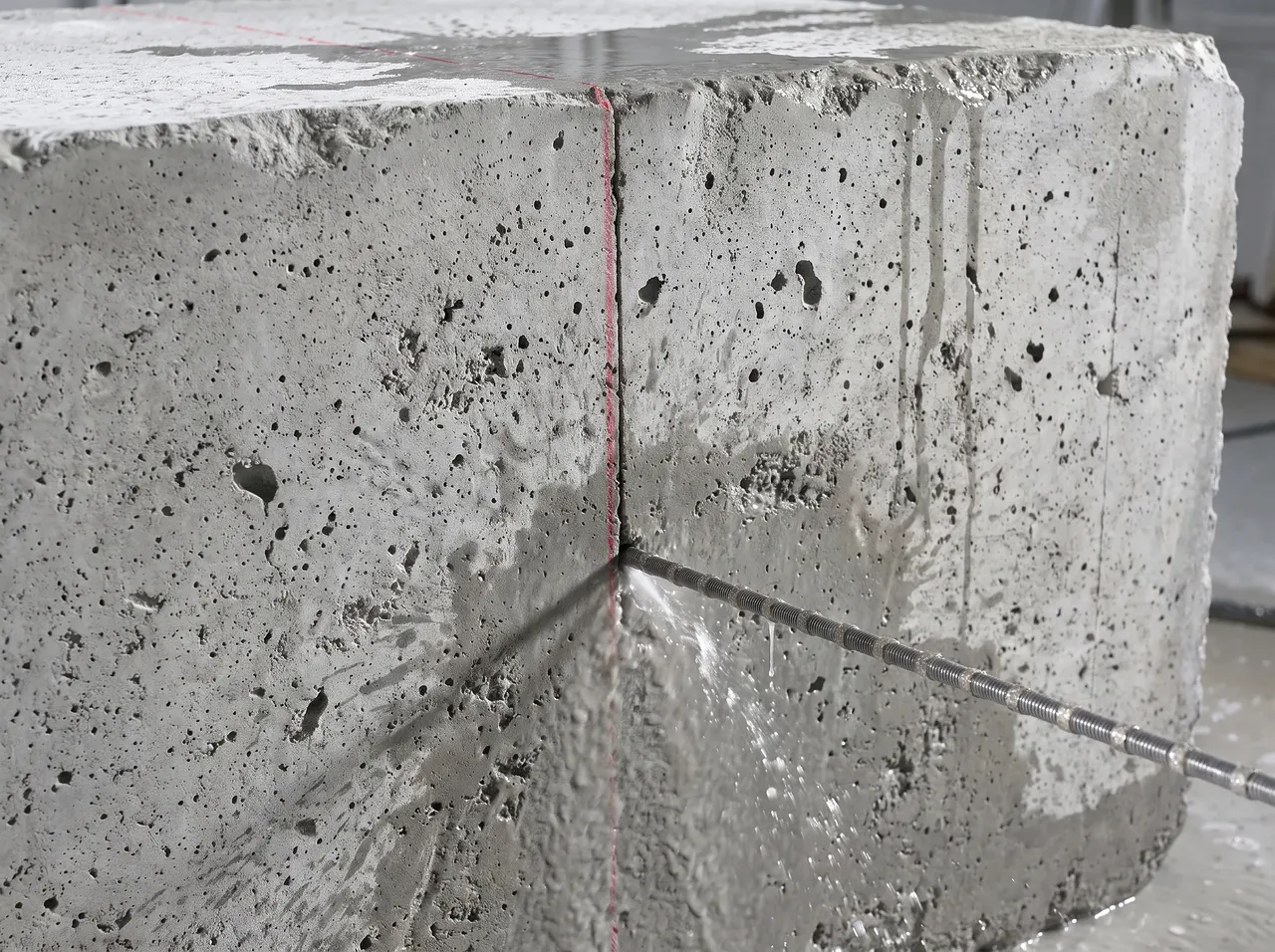 Närbild på betongblock med porer, gängstång och röd markeringslinje.