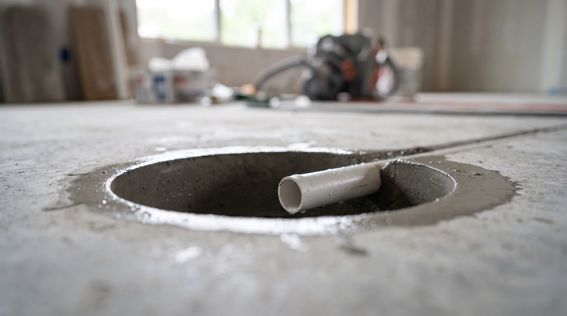 Runt hål i betonggolv med ett vitt PVC-rör under konstruktion.